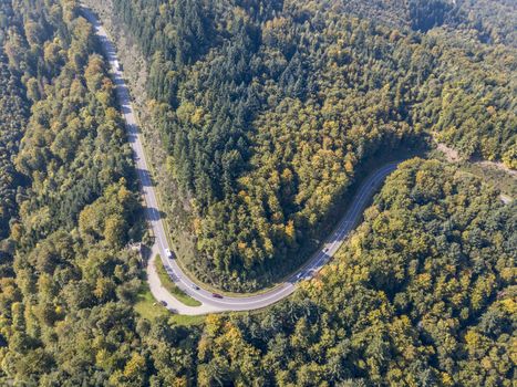 the bird's eye view of the curved Black Forest Road (Bundesstrabe No. 500) in MALSCHBACH of Germany in September 2017.