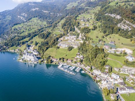 the bird's eye view of the Vitznau town in Lucerne, Switzerland.