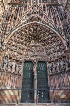 The gate of Cathedrale Notre-Dame in  Strasbourg of France.