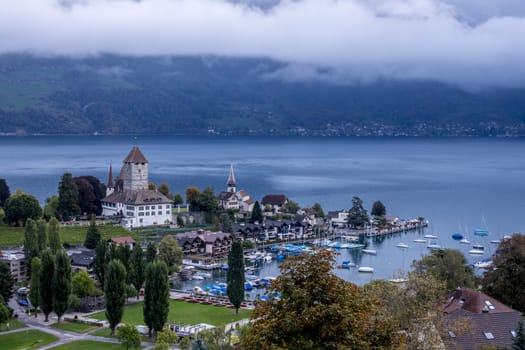 The bird's eye view of the Spiez town of the Switzerland.