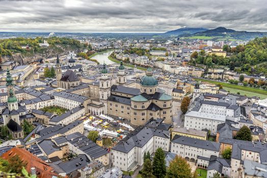 The bird's eye view of the famous Salzburg in Austria.