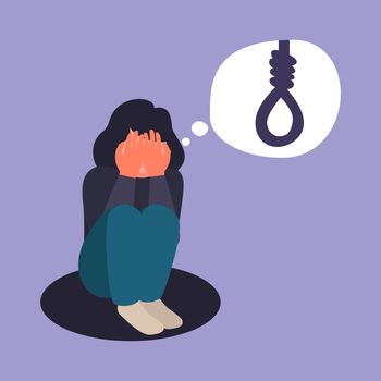 Depressive woman wants to commit suicide by hanging in the rope. Sad teen female think about death. Depression woman sit on the floor. Depressed girl crying covering her face with her hands