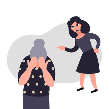 Family violence and aggression concept. Aggressive woman scream at a scared elderly woman. Senior female crying covering her face. Stop domesic abuse.
