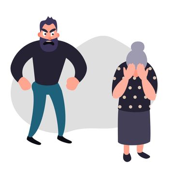Family violence and aggression concept. Aggressive man scream at a scared elderly woman. Senior female crying covering her face