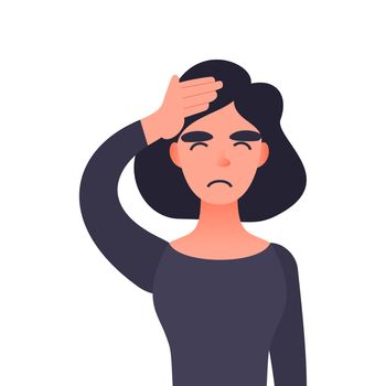 Frustrated woman with headache. Cartoon female character with migraines. Young girl pressing hand to her forehead
