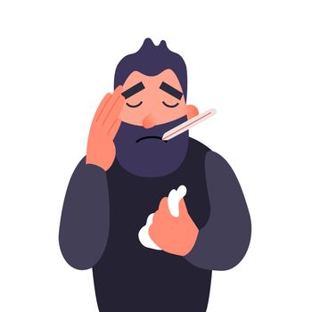 A sick man with a thermometer in his mouth holding his head. Cold and headache. Ill person with flu sickness. Flat character