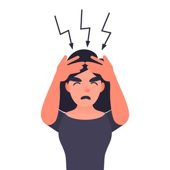 Frustrated woman with headache. Cartoon female character with migraines. Young girl pressing hand to her forehead.
