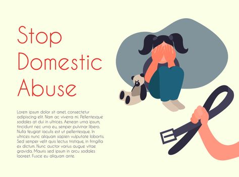 Stop domestic abuse. cartoon illustration. Family violence and aggression concept. Aggressive person swings a belt at a scared child. Little girl crying covering her face.