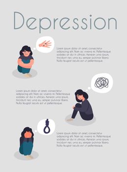 Mental health care and psychological support poster brochure flyer design. Help in depression card. Depressed woman sit on the floor