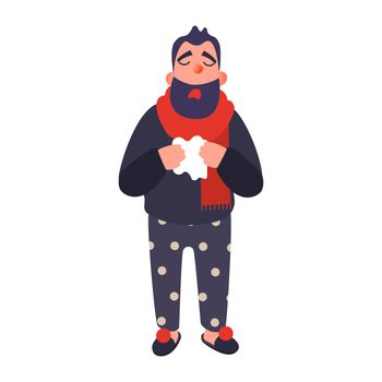 Cold man in a rug holds a cup. Sick young person in hat with handkerchief in his hand. illness concept in flat style