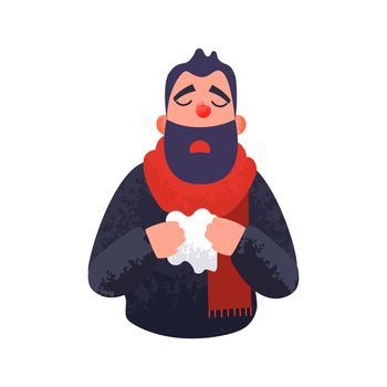 The man has a cold. Flu ill sick concept. Male character sneezes and holds a handkerchief. illustration in flat style with trendy grunge shadows.