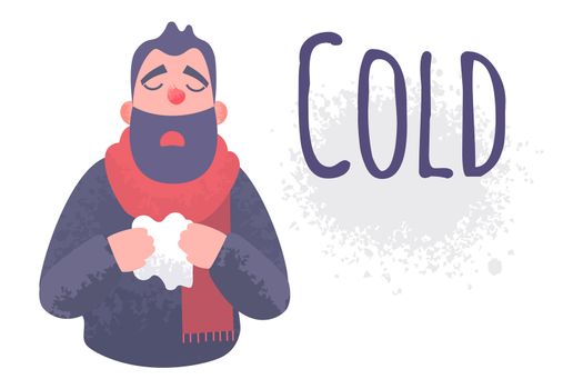 Cold flu banner. Ill virus sick concept. Male character sneezes and holds a handkerchief. Inscription Cold. illustration in flat style with trendy grunge shadows.