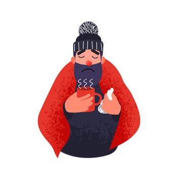 Cold man in a rug holds a cup. Sick young person in hat with handkerchief in his hand. illness concept in flat style with trendy grunge shadows.