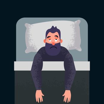 Sleepless Insomnia concept art. Tired man on the bed can not sleep. Stress male character. Insomnious cartoon guy.