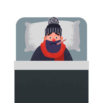 Ill cold man in bed with a thermometer in his mouth. Male character in hat and scarf under the blanket is sick. illustration in flat style with trendy grunge shadows.