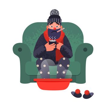 Cold flu man in sofa with a thermometer is treated at home. illness concept in flat style with trendy grunge shadows. Flu ill sick flat male character with cup of tea.
