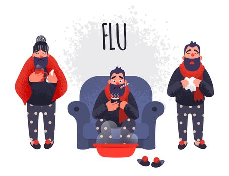 Set of people having cold. Sick fever flu male characters is treated at home.