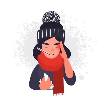 Sick cold woman in cap and scarf with a thermometer in her mouth. Ill flu female character with a headache with a handkerchief in her hand.