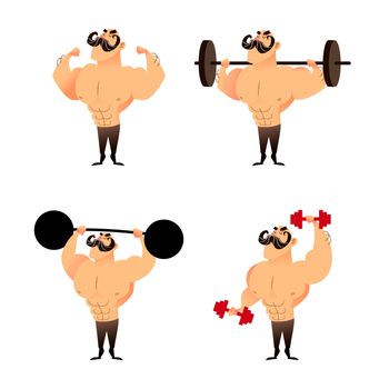 Cartoon strong muscular bodybuilders set. Funny athletic guys. Healthy lifestyle concept. Blutal male characters with naked torso shows muscular arms with biceps and triceps, working out with dumbbell weights at the gym.