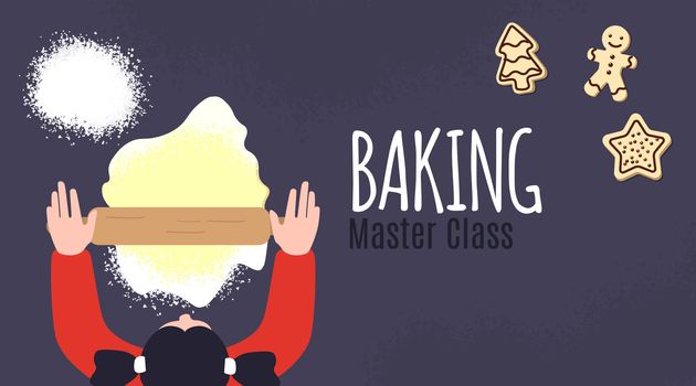 Backing master class poster design. Cooking pastry classes training. Culinary workshop. Top view. Cooking ginger cookies. Baking Christmas Gingerbread.