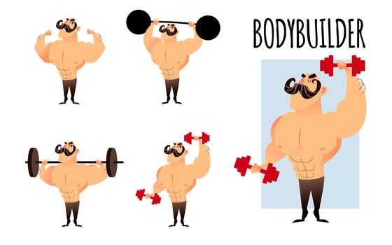 Cartoon strong muscular bodybuilders set. Funny athletic guys. Blutal male characters with naked torso shows muscular arms with biceps and triceps, working out with dumbbell weights at the gym. Healthy lifestyle concept.