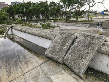 The huge cement castings  were blown down when the typhoon Hato hited Macao on 23 August 2017.
