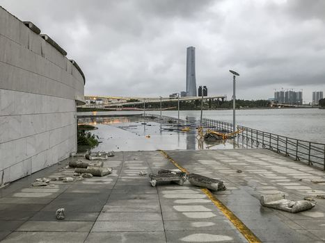 The huge cement castings  were blown down when the typhoon Hato hited Macao on 23 August 2017.