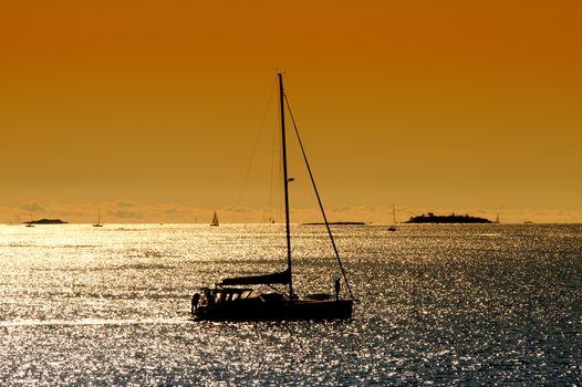 Sailboat on the sea at sunset in good weather. Horizon on the background.
