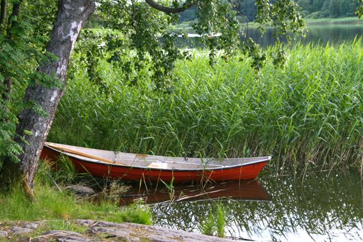 One red boat at the coast of the lake. Surrounded with long fresh grown grass.