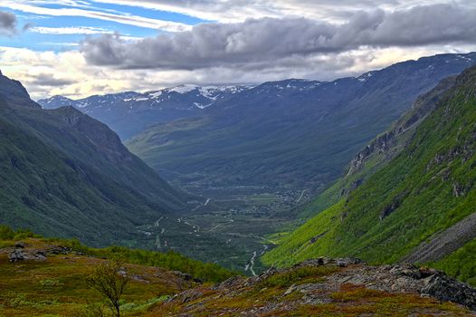 View to a small village between the mountains.