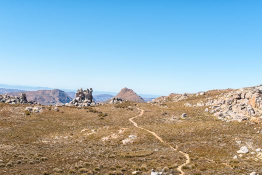 The view from the Maltese Cross in the Cederberg Mountains. The Bokveldskloof hiking trail from Dwarsrivier is visible