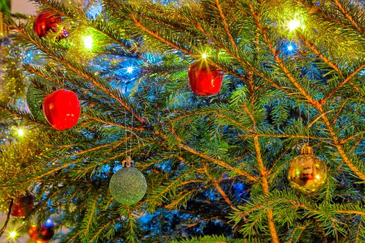 Colorful sparkling christmas tree. Red, green and golden decorations on green branches.