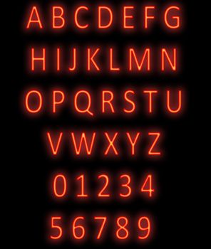 red neon alphabet on black. modern neon font alphabet and number. red color letter and numbers. font neon symbol.