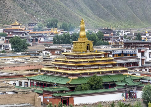 The Golden Tower of the  the Labrang Monastery (Labuleng Temple) in Gansu province.