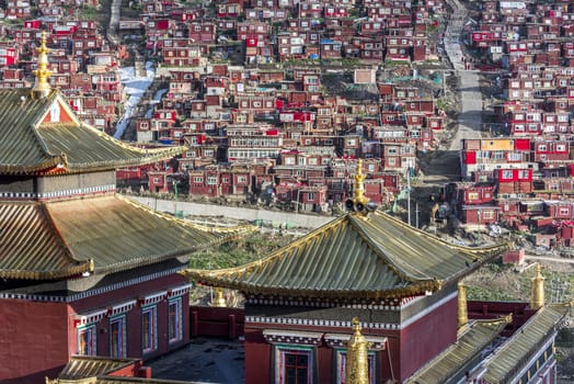 Lharong Monastery and the Monk houseson surrounded in Sertar, Tibet.  Lharong Monastery is a Tibetan Buddhist Institute at an elevation of about 4300 meters.