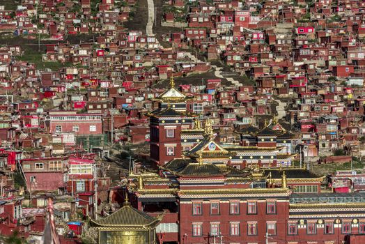 Lharong Monastery and the Monk houseson surrounded in Sertar, Tibet.  Lharong Monastery is a Tibetan Buddhist Institute at an elevation of about 4300 meters.