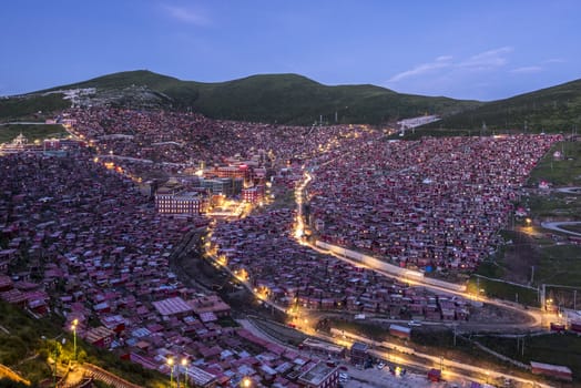 Lharong Monastery and the Monk houseson surrounded in Sertar, Tibet.  Lharong Monastery is a Tibetan Buddhist Institute at an elevation of about 4300 meters.