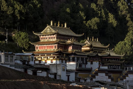 The bird-view of  Langmu Temple in the Zoige County,Sichuan Province,and Luqu County,Gannan Tibetan Prefecture,Gansu Province.