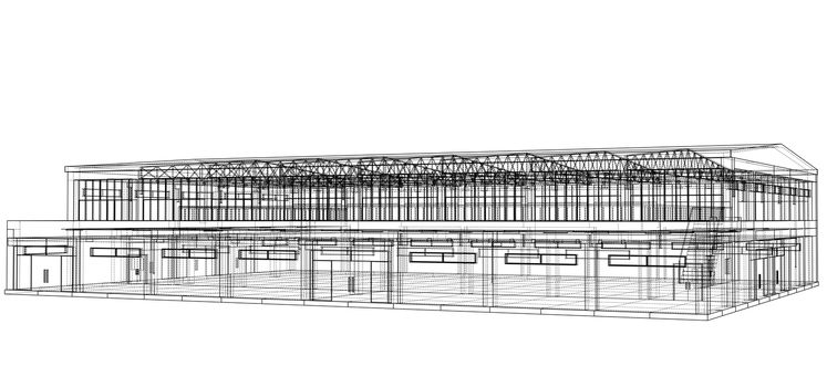 Warehouse sketch. Blueprint or Wire-frame style. 3d illustration