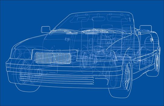 Car cabriolet concept. Wire-frame style. 3d illustrationare separated