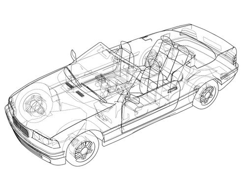 Car cabriolet concept. Wire-frame style. 3d illustrationare separated