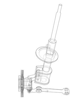 Car dampers with brake disc outline. Wire-frame style. 3d illustration