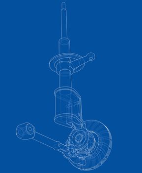 Car dampers with brake disc outline. Wire-frame style. 3d illustration