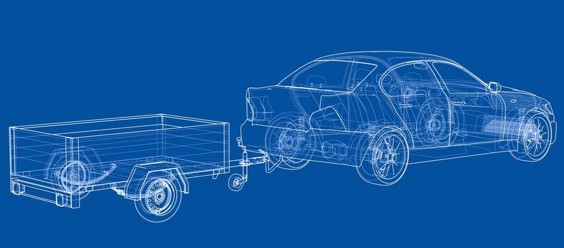 Sedan with open trailer sketch. Wire-frame style. 3d illustration