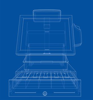 Cashbox with touch screen concept. Wire-frame style. 3d illustration