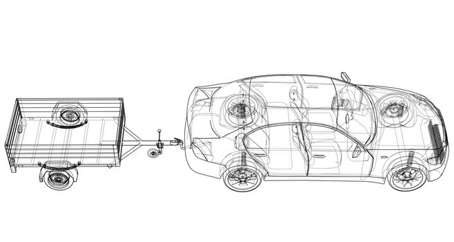 Sedan with open trailer sketch. Wire-frame style. 3d illustration