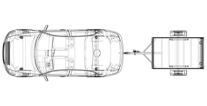 Sedan with open trailer sketch. Wire-frame style. 3d illustration