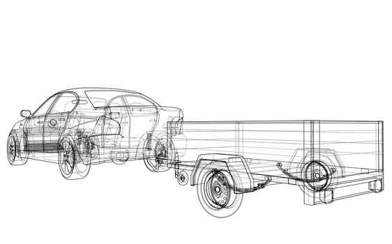 Sedan with open trailer sketch. Wire-frame style. 3d illustration