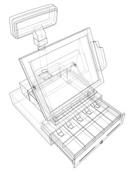Cashbox with touch screen concept. Wire-frame style. 3d illustration