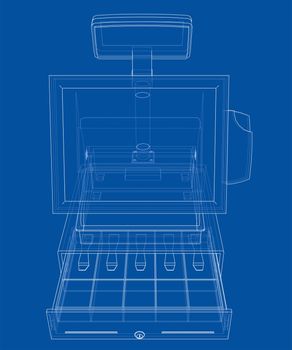 Cashbox with touch screen concept. Wire-frame style. 3d illustration